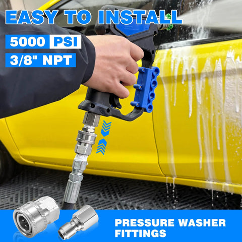 TasuoX 3/8 in NPT pressure washer adapter set with blue multi-port connector and two stainless steel fittings