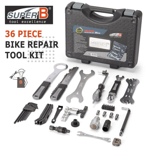 36 Piece Bike Tool Kit With Carry Case For Road And Mountain Bikes All In One Bicycle Maintenance Set To Repair Tires Brakes Chains Pedals And Crank Puller DIY Ready displayed with tools and case