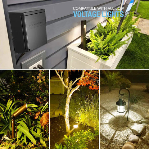 Outdoor Landscape Lighting Transformer 200 Watt With Built In Timer And Photo Eye Sensor Weather Shield 120V AC To 12V AC Keeps Yard Lights On At Dusk Until You Set It No Fuss Easy Setup For Nightly Ambience next to garden planter and lights