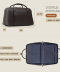 Carry On Ready Duffle Travel Bag With Clamshell Opening, 33 Liter Capacity, 16 Inch Laptop Pocket, Pebble Full Grain Leather in chocolate.