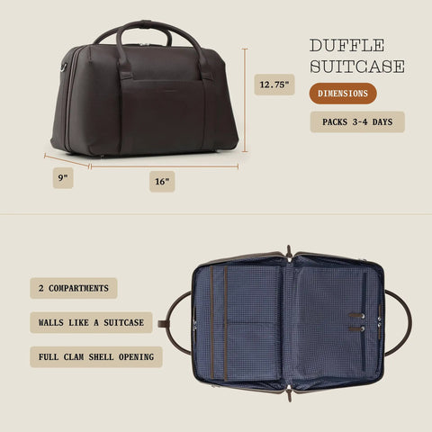 Carry On Ready Duffle Travel Bag With Clamshell Opening, 33 Liter Capacity, 16 Inch Laptop Pocket, Pebble Full Grain Leather in chocolate.