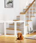 Freestanding Wire And Wood Pet Gate For Dogs, 60 Inches Wide By 30 Inches Tall, 3 Panels, White, with a dog in front of stairs.