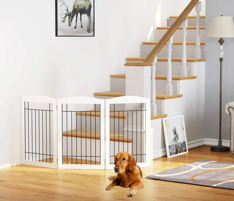 Freestanding Wire And Wood Pet Gate For Dogs, 60 Inches Wide By 30 Inches Tall, 3 Panels, White, with a dog in front of stairs.