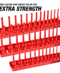 Six Piece SAE And Metric Socket Tray Set For Quarter, Three Eighths, And Half Inch Drives Deep And Shallow Socket Organizer in red