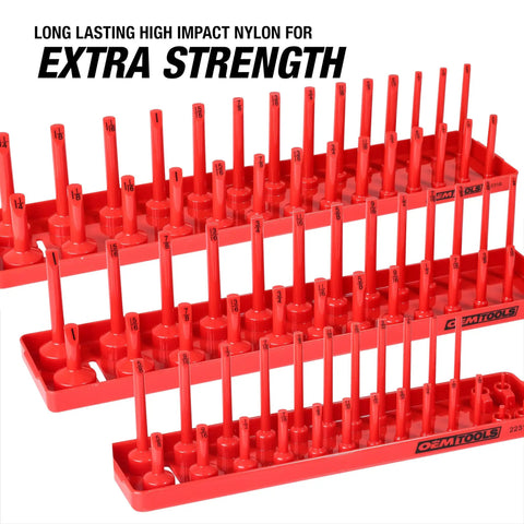 Six Piece Socket Organizer Set For SAE And Metric Sockets, Fits Quarter Inch, Three Eighths Inch, And Half Inch Drive Sockets, Red