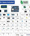 All In One Arduino Starter Kit With Uno R4 WiFi Bluetooth IoT ESP32 LCD1602 OLED 300 Plus Components 60 Plus Free Video Lessons 50 Projects RoHS Compliant Online Tutorials And Video Courses For Beginners And Engineers components overview layout