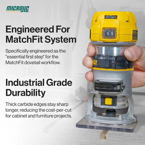 Hand holding a router with Matchfit One Quarter Inch Relief Router Bit For Straight Grooves And Dovetail Tracks in yellow.