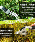 Lightweight Cordless Grass Shear That Handles Like A Charm And Cuts Thick Shrubs Like Butter While Working Hard As A Smooth Hedge Trimmer With A Flip Pivot Head Plus An 8V Power Pack And Cable For Zero Hassle Yard Chores, showing hedge trimmer and grass shear details.
