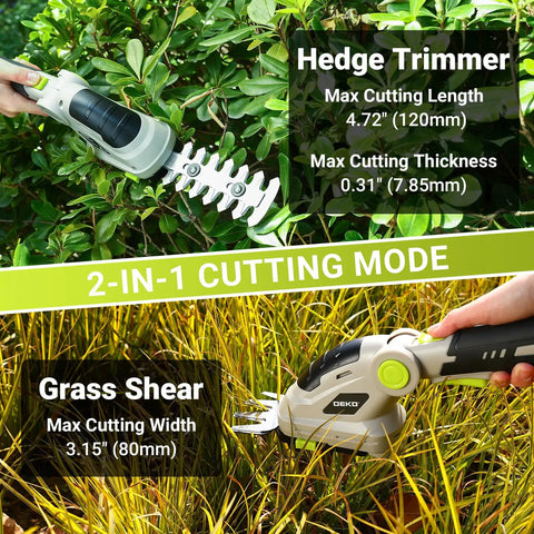 Lightweight Cordless Grass Shear That Handles Like A Charm And Cuts Thick Shrubs Like Butter While Working Hard As A Smooth Hedge Trimmer With A Flip Pivot Head Plus An 8V Power Pack And Cable For Zero Hassle Yard Chores, showing hedge trimmer and grass shear details.