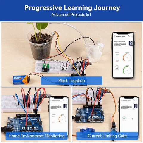 3 In 1 Starter Kit With Arduino Uno R4 Minima For IoT And Smart Car Projects ESP8266 WiFi, showcasing IoT plant irrigation and monitoring setups.