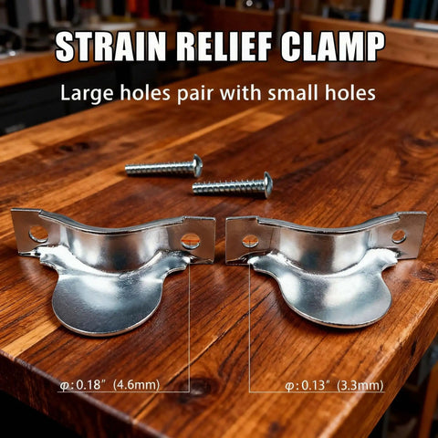 Two Piece Dryer Cord Strain Relief Clamp Kit shown with screws on a wooden surface.