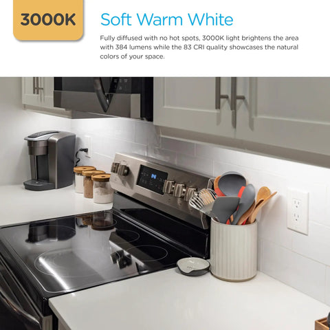 16 Inch LED Under Cabinet Light Plug In Soft White 3000K 384 Lumens installed in kitchen under cabinets