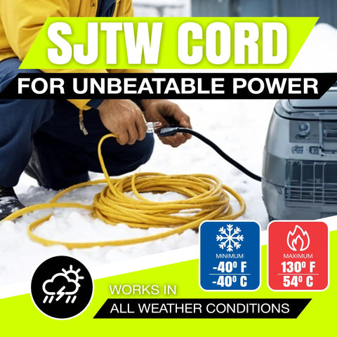 Beefy Ten Three Gauge Outdoor Indoor Extension Cord 3 Prong SJTW Waterproof Flexible Cold Resistant Long Power Cord 15A 125V 1875W Yellow For Home Workshop Job Site Heavy Duty in snow