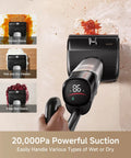 Zero Drama Cordless Wet And Dry Vacuum Cleaner Killing Sticky Messes With 20000Pa Suction, upright design showing digital display and handling stains.