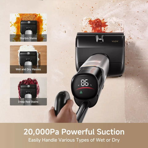 Zero Drama Cordless Wet And Dry Vacuum Cleaner Killing Sticky Messes With 20000Pa Suction, upright design showing digital display and handling stains.