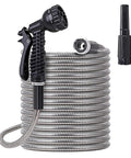 FOXEASE metal water hose, 25 ft stainless steel coil with two nozzles and adjustable spray head.