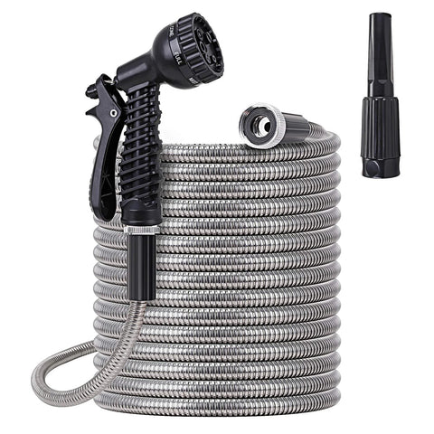 FOXEASE metal water hose, 25 ft stainless steel coil with two nozzles and adjustable spray head.