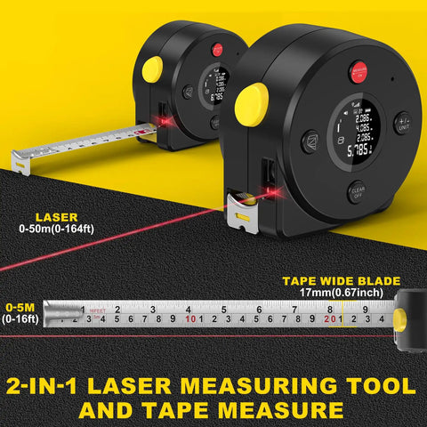 Dual Mode Laser Tape Measure 164 Foot Range With 16 Foot Manual Tape Digital Laser Ruler With Metric Inch And Foot Units LCD Display shown with tape extended
