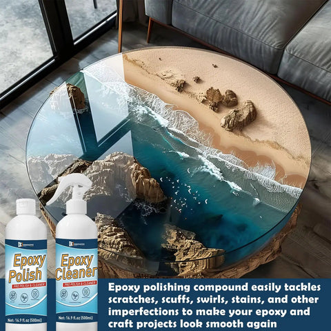 Pro Grade Resin Polishing Kit With 16 Oz Epoxy Polish And 16 Oz Cleaner displayed next to polished epoxy table.
