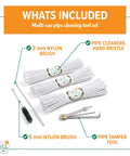 Heavy Duty Pipe Cleaners Tool Set 132 Hard Bristle Scrubbers Bulk Pack with 2 Nylon Bristle Brushes and Tamper Tool