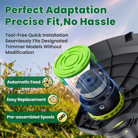 Auto Feed 0.065 Inch Trimmer String Spool Replacement For Weed Eater And Weed Wacker 16 Ft Single Line with green cap view.
