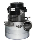 Front view of central vacuum motor assembly with black top and gray blower housing, side discharge port.