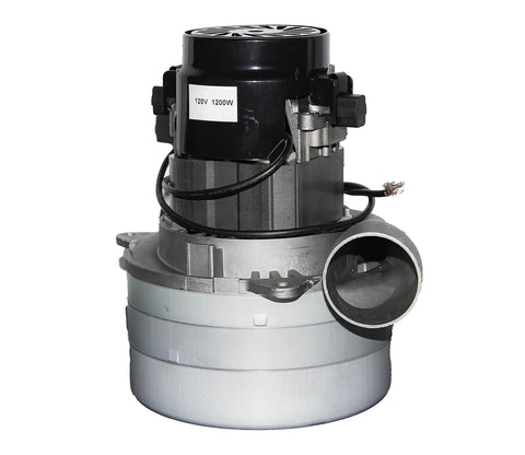 Front view of central vacuum motor assembly with black top and gray blower housing, side discharge port.