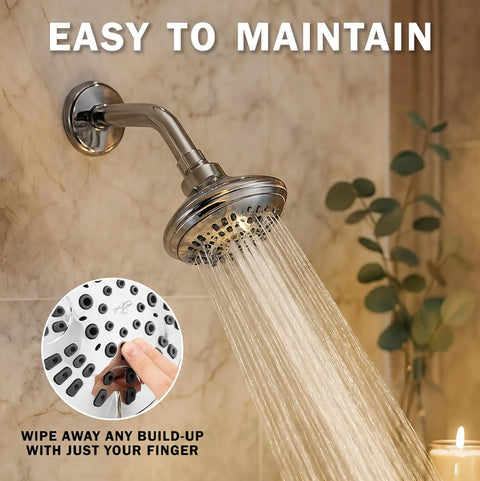 Six Function Luxury Shower Head With High Pressure Boost Anti Clog Nozzles, wall mount, chrome finish, water flow.