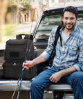 Fishing Backpack With Built In Cooler Water Resistant Tackle Bag With Rod Holders on truck bed, outdoor setting