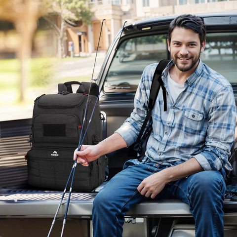 Fishing Backpack With Built In Cooler Water Resistant Tackle Bag With Rod Holders on truck bed, outdoor setting