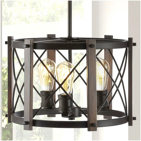 Oil Rubbed Bronze 30 Inch 5 Light Farmhouse Drum Pendant Light with Dimmable LED Bulbs Included in iron basket shade, front view