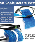 Smart Heat Tape For Water Pipes With GlowCap Built-In Thermostat showing installation test with ice pack and instructions.