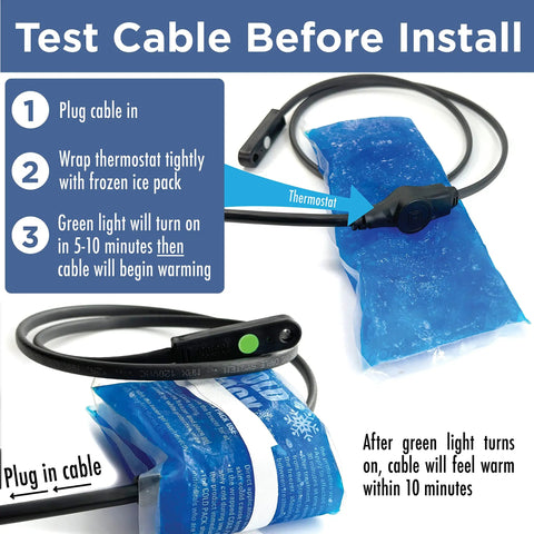 Smart Heat Tape For Water Pipes With GlowCap Built-In Thermostat showing installation test with ice pack and instructions.
