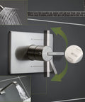 All In One Tub And Shower Faucet Set With Brushed Nickel Finish showing temperature control and water flow directions
