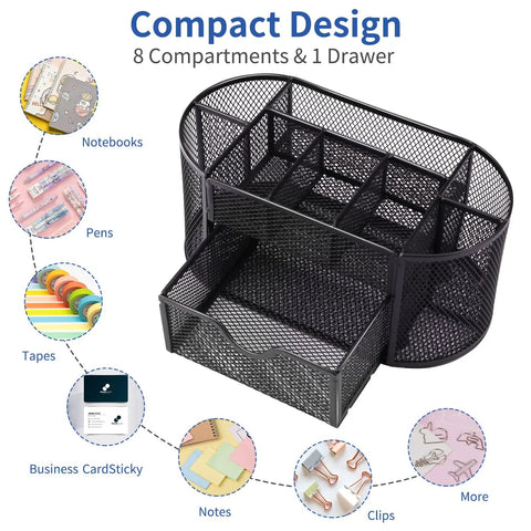 Mesh Desk Organizer With Eight Compartments And One Drawer Pencil Holder For Desk Office Supplies Storage School Stationery Tray