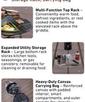 Skottle Grill Cooking System Kit 18 Inch Carbon Steel Pan With Adjustable Legs shown with top rack and carrying bag