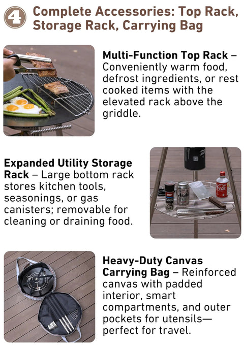 Skottle Grill Cooking System Kit 18 Inch Carbon Steel Pan With Adjustable Legs shown with top rack and carrying bag