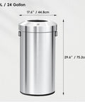 Heavy Duty 24 Gallon Round Stainless Steel Open Top Waste Bin Smooth Brushed Finish with dimensions 29.6" tall for indoor outdoor use.