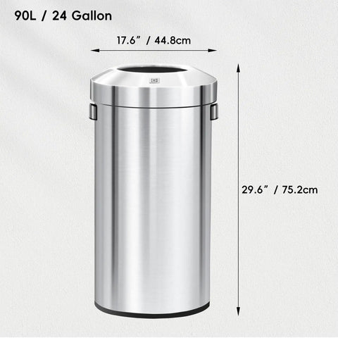 Heavy Duty 24 Gallon Round Stainless Steel Open Top Waste Bin Smooth Brushed Finish with dimensions 29.6" tall for indoor outdoor use.