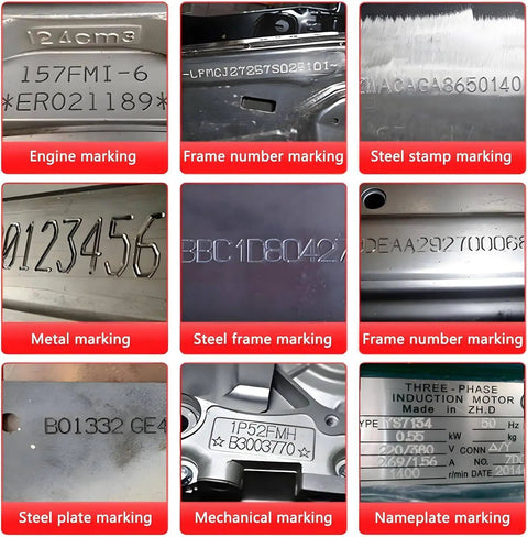 Hella Precise Pneumatic Dot Peen Marking Machine Portable Metal Engraver With No Sweat Digital Depth Controls and Adjustable Settings For Vin Tagging and Garage Build Projects showing various metal markings.