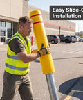 Man installing Rock Solid Heavy Duty Yellow Safety Bollard Post Protective Cover With Bright Red Reflective Strips on metal pole.