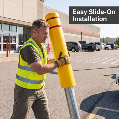 Man installing Rock Solid Heavy Duty Yellow Safety Bollard Post Protective Cover With Bright Red Reflective Strips on metal pole.