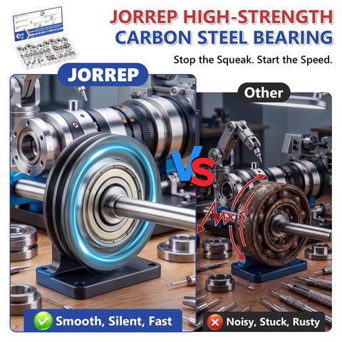 74 Piece Ball Bearing Assortment Kit Featuring Six Essential Sizes For Smooth 3D Printer Assembly, Skate Gear Upgrades, And Home Repairs that show JORREP high-strength carbon steel bearing comparison.