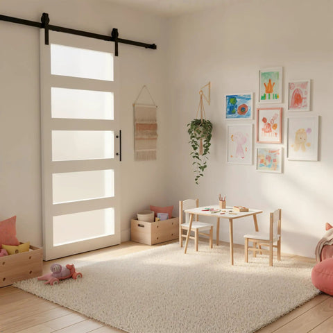 Heavy Duty Sliding Frosted Glass Barn Door With Five Panel Design And Full Roller Track Hardware Ready To Roll Smooth Glide System For Closet Bedroom Or Bathroom Modern Privacy Partition No Sweat Setup in a children's playroom.
