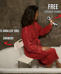 Woman sitting on Adjustable Bath And Shower Chair With Back Support For Seniors Safe Bath Tub Stool holding free suction grab bar.