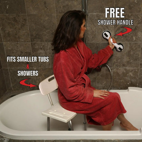 Woman sitting on Adjustable Bath And Shower Chair With Back Support For Seniors Safe Bath Tub Stool holding free suction grab bar.