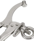 Close-up of one of the Two Pack 9 Inch Drill Press Locking Clamps Heavy Duty Drill Press Vise Grips For Fixed Workpieces That Hold Them Tight Ideal For Drilling And Metalworking Carbon Steel Construction With Titanium Plated Rust Resistance.