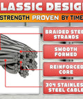 Close-up of Beefy Heavy Duty Garage Door Cables, showing braided steel strands, reinforced core, and 304 stainless steel material.