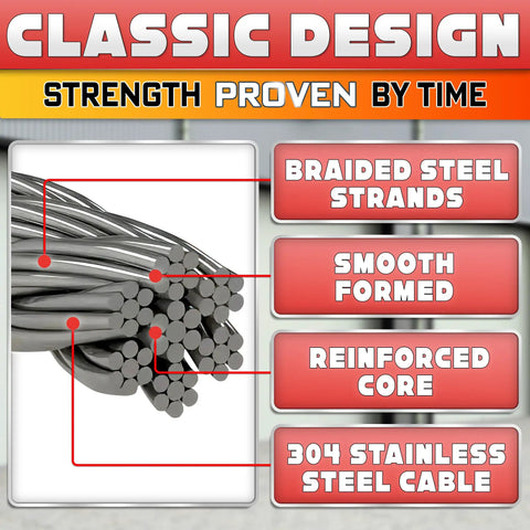 Close-up of Beefy Heavy Duty Garage Door Cables, showing braided steel strands, reinforced core, and 304 stainless steel material.