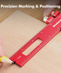 3 Piece Woodworking Straightedge Ruler Set With Sliding Stop Blocks Dead On Accuracy Laser Etched Inch And Metric Scales For Fine Carpentry Layout Tasks; red ruler marking wood